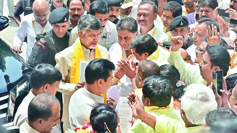 AP Chief Minister N. Chandrababu Naidu arrives at NTR Bhavan in Hyderabad to attend TDs general body meeting on Friday. (Photo: Pavan)