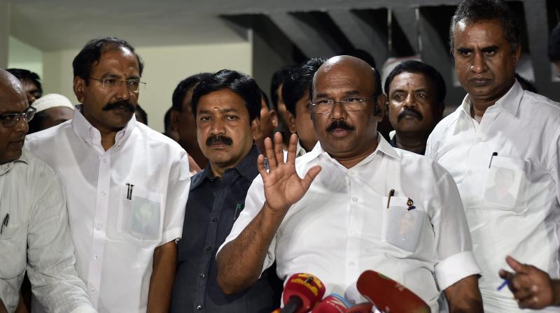 Tamil Nadu Ministers addressing media after a meeting to retrieve two leaves symbol , at a Ministers residance in Chennai on Monday. (Photo: PTI)