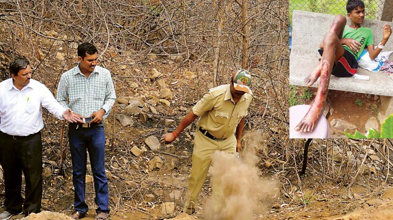 Officials at Shyandanahalli in Mysuru  where Harshal died of burns on Monday. (Inset) Another boy who suffered burns at the same spot. (Photo: KPN)