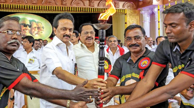 DMK working president M.K .Stalin during the partys two-day district zonal public meeting, in Erode on Saturday (Photo: AP)