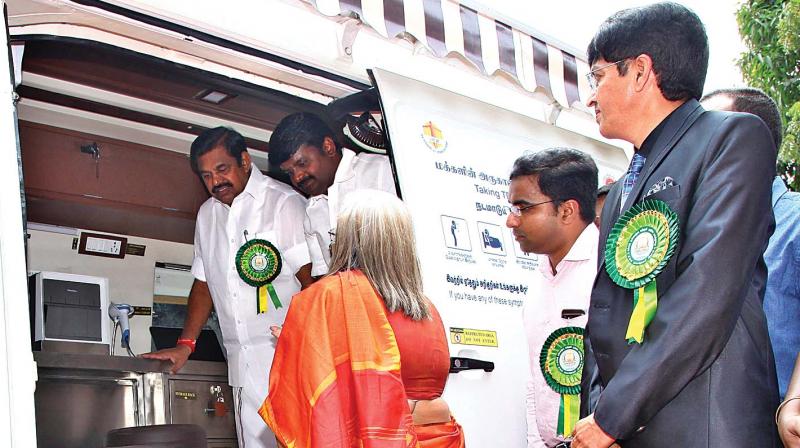 Chief Minister Edappadi K. Palaniswami inspects modern TB detecting equipment vans on Saturday. (Photo: DC)