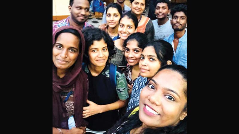 Sayanora Philip (extreme right) and the volunteers of Kai Korthu Kannur during the relief material collection drive in Kannur.