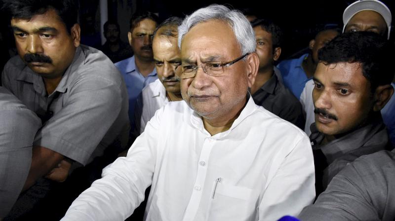 Bihar Chief Minister Nitish Kumar speaks to the media after meeting Governor KN Tripathi, in Patna on Wednesday.  (Photo: PTI)