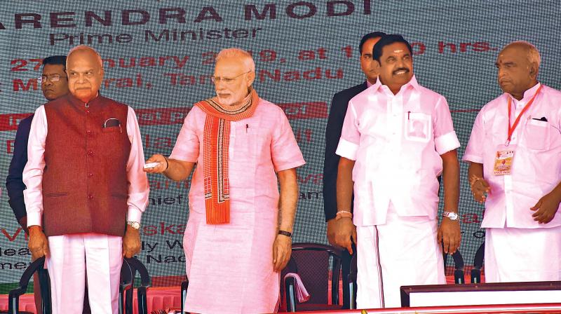 Prime Minister Narendra Modi lays the foundation stone for AIIMS, to come up at Thoppur near Madurai at a cost of 1,264 crore, on Sunday.  Also seen are  Governor Banwarilal Purohit, Chief Minister K. Palaniswami and Union minister Pon Radhakrishnan.  (K. Manikandan)
