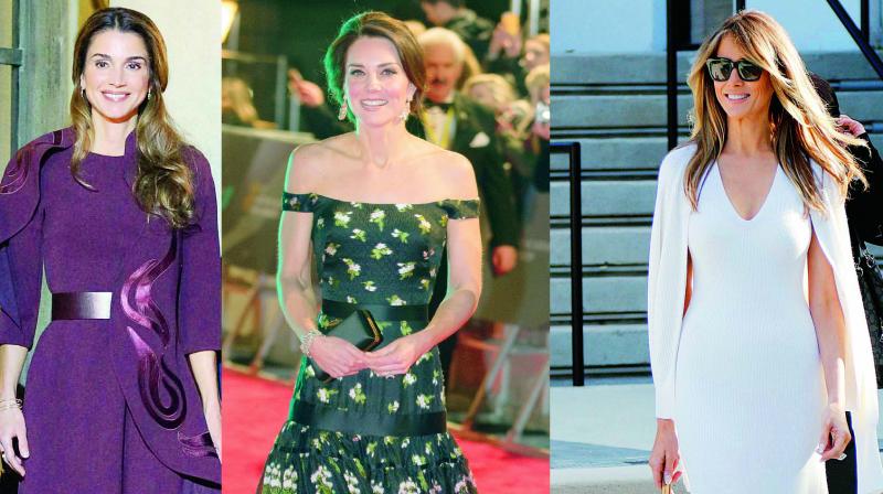 (From left) Queen Rania of Jordan, Duchess of Cambridge Kate Middleton and FLOTUS Melania Trump all manage to turn heads without resorting to too much skin show