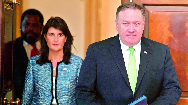 US secretary of state Mike Pompeo and US ambassador to the UN Nikki Haley in Washington DC on Wednesday. (Photo:AFP)