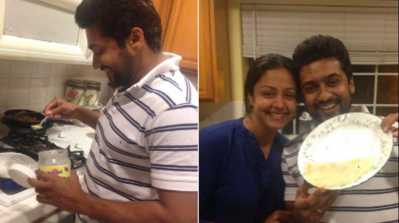 (Left) Suriya taking part in the dosa challenge (Right) The actor, along with his wife, Jyothika