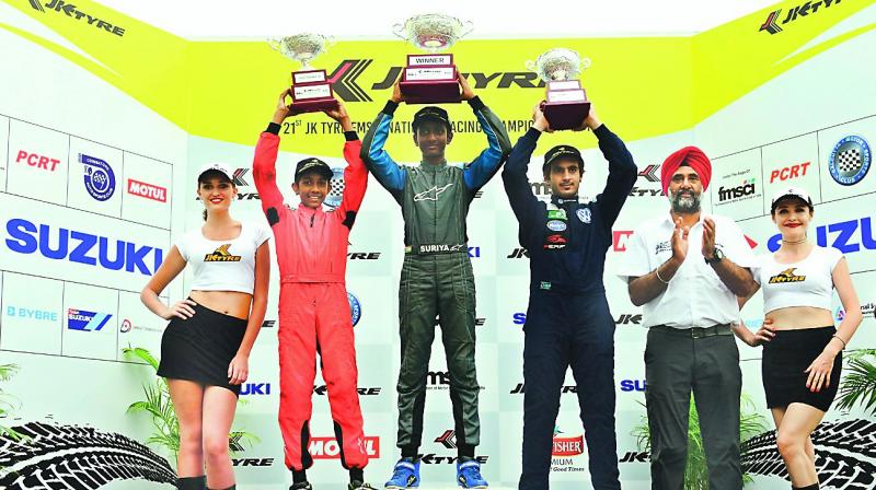 Novice Cup winners pose with their trophies after Round Three of the 21st JK Tyre FMSCI National Racing Championship in Coimbatore on Sunday.