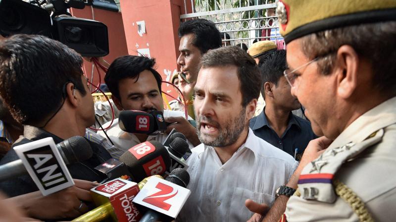 Congress Vice President Rahul Gandhi talks to the media outside RML Hospital after he was not allowed to enter the hospital to meet ex-serviceman Subedar Ram Kishan Grewals family in New Delhi. (Photo: PTI)