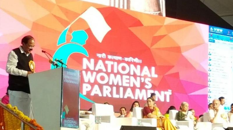 Union Urban Development Minister M Venkaiah Naidu speaking at National Womens Parliament. (Photo: Twitter)
