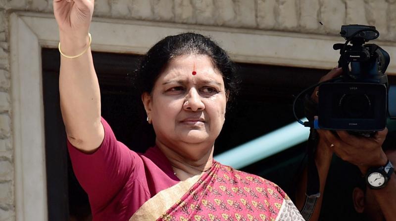 AIADMK General Secretary V K Sasikala flashes victory sign after attending the party MLAs meeting in Chennai. (Photo: PTI)