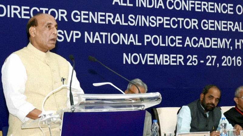 Union Home Minister Rajnath Singh addresses at the All India DGPs conference at Sardar Vallabhbhai Patel National Police Academy in Hyderabad on Friday. (Photo: PTI)