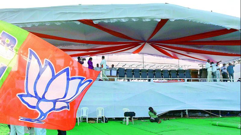 BJP leaders are busy in making arrangements for party national president Amith Shahs meeting at Siddhartha College in Vijayawada on Wednesday. (Photo: DC)