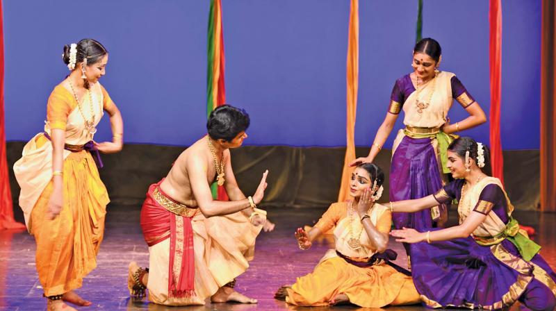 Dancers performing at the Shanthi Sutra program, a dance drama choreographed by Kalashetra foundation.