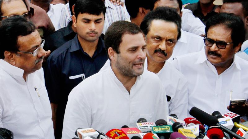 Congress Vice-President Rahul Gandhi, with DMK treasurer MK Stalin, addresses media outside Kauvery hospital after visiting DMK party chief 92-year-old Karunanidhi, who recently underwent tracheostomy, in Chennai. (Photo: PTI)