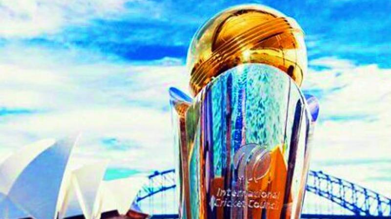 The Champions Trophy 2017 with Sydneys Opera House and the Harbour Bridge in the background during a tour of Australia on Tuesday. (Photo: ICC)