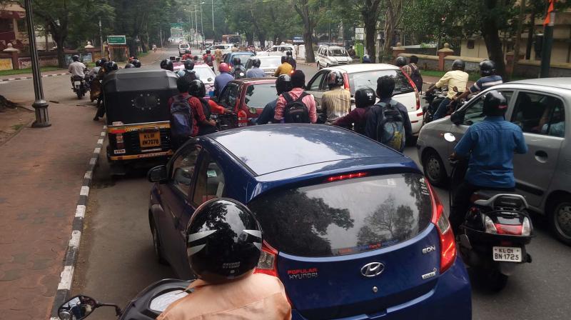 Vehicles being blocked at Vellayambalam in Thiruvananthapuram last week to facilitate movement of Chief Ministers vehicle.