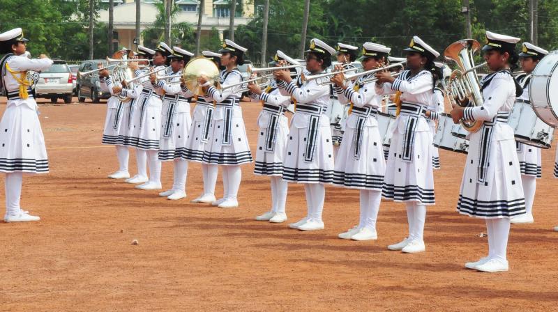 Students of Devagiri CMI Public School, Kozhikode, who won first prize in band display perform during the 27th CBSE State Youth Festival at IES Public School in Thrissur on Friday. (Photo: ANUP K. VENU)