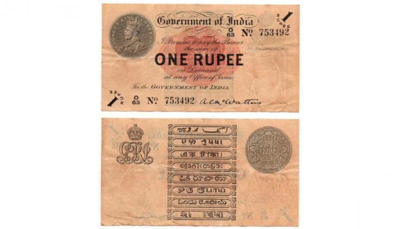 The first one-rupee currency note issued by the British  government on November 30, 1917.