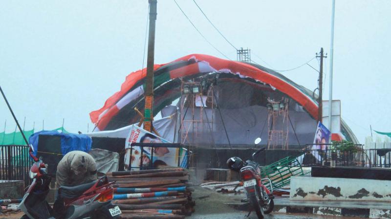 The tent set up for Padayorukkam finale has been destroyed in rain. 	(Photo: DC)