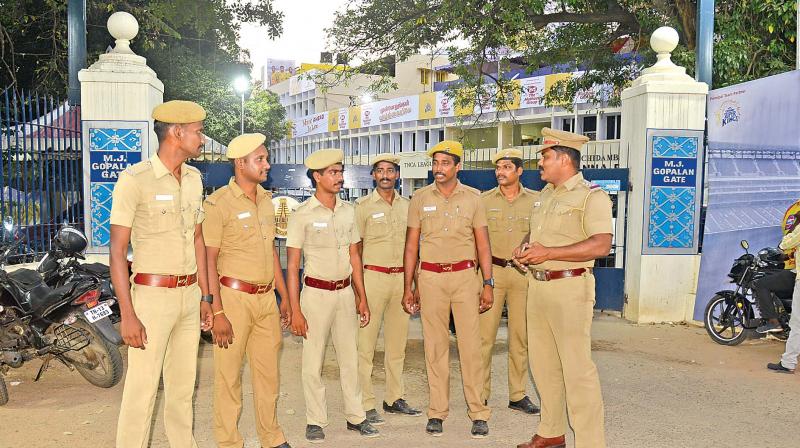 Police deployed at MA Chidambaram Stadium, Chepauk, on Monday as part of bandobust for IPL cricket match to be held on Tuesday (Photo: DC)