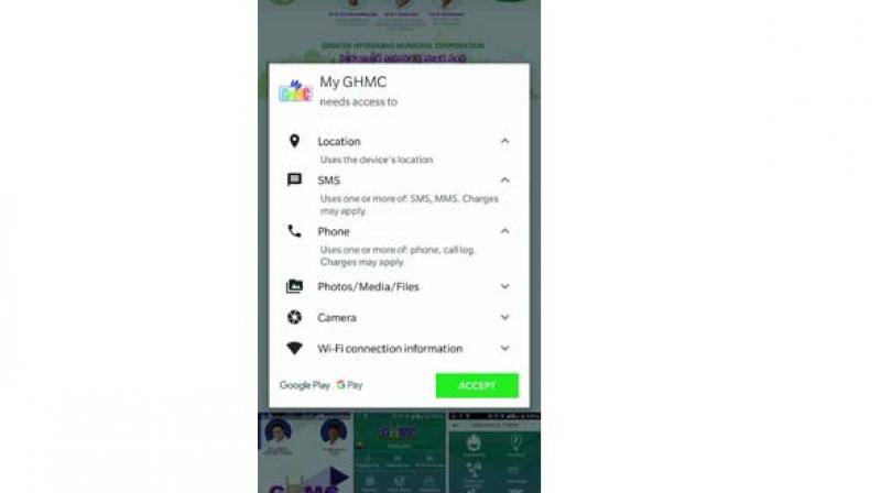 The GHMC app seeks permission to location, SMS, phone, storage camera and Wi-Fi.