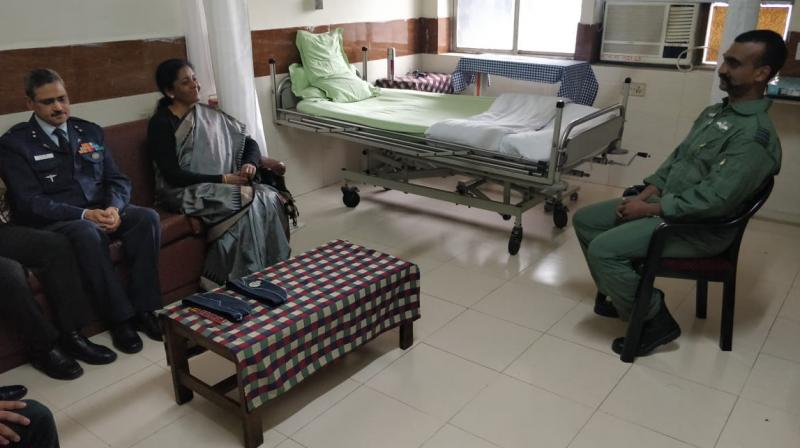 Defence Minister Nirmala Sitharaman met Wing Commander Abhinandan Varthman at a hospital in Delhi today. (Photo: ANI | Twitter)