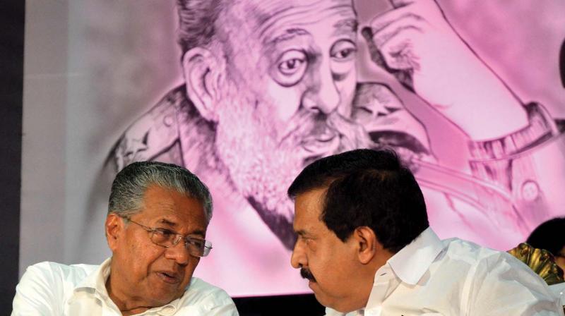 Chief Minister Pinarayi Vijayan and opposition leader Ramesh Chennithala during Fidel Castro commemoration in Thiruvananthapuram on Tuesday. (Photo: DC)