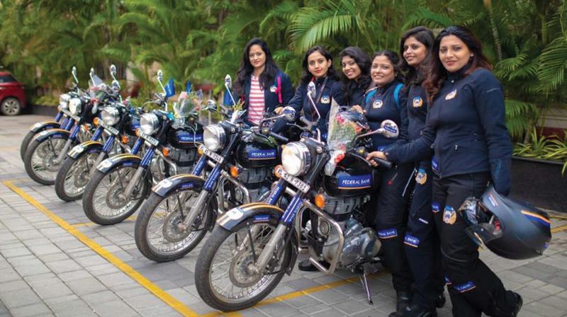 Six women bikers, currently on a all-India tour, after their arrival in Bengaluru 	 (Image: DC)