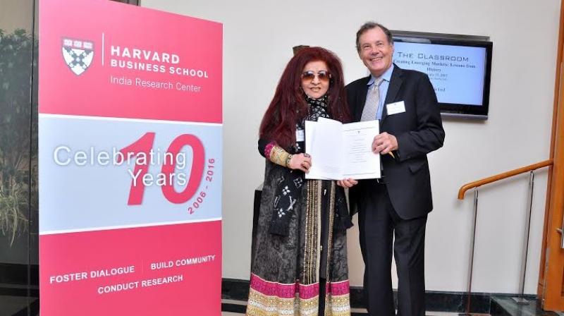 Beauty entrepreneur Shahnaz Husain with Professor Geoffrey Jones at the Harvard Conference held in Mumbai.