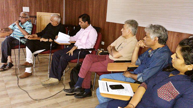 N.S. Mukunda, V. Ravichandar, Dr Ashish Verma, Naresh Narasimhan and Prakash Belawadi at the discussion on Saturday.