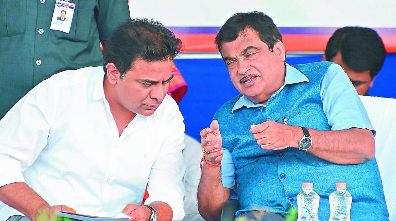 Union Minister Nitin Gadkari with municipal administration and urban development minister K.T. Rama Rao in Hyderabad on Saturday. 	(Image: DC )