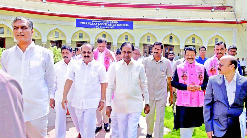 CM K. Chandrasekhar Rao along with caretaker ministers and legislators arrives for the Legislative Council meeting in the city, on Thursday. 	Image: S. Surender Reddy