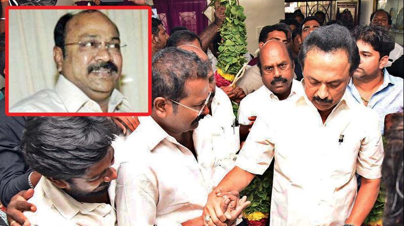 DMK president M. K. Stalin pays homage to former minister Parithi Ilamvazhuthi who died on Saturday following a  heart attack.	Image: DC