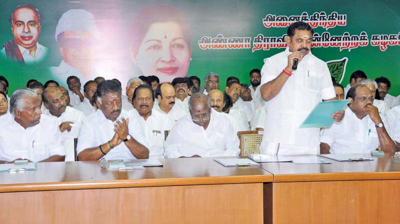 AIADMK co-convener and CM Edappadi K. Palaniswami addressing the meeting on partys enrolment drive at AIADMk headquarters on Thursday. 	DC