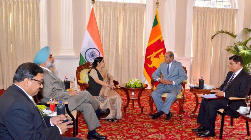 Partnership for progress & prosperity. Sushma Swaraj discusses bilateral cooperation with Mr Tilak Marapana, Sri Lankan Foreign Minister. (Photo: Twitter)