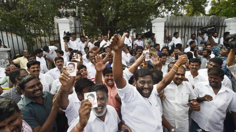 TTV Dhinakaran supporters celebrates the victory of secured 89,013, votes defeating his nearest rival, E Madhusudhanan, who got 48,306.