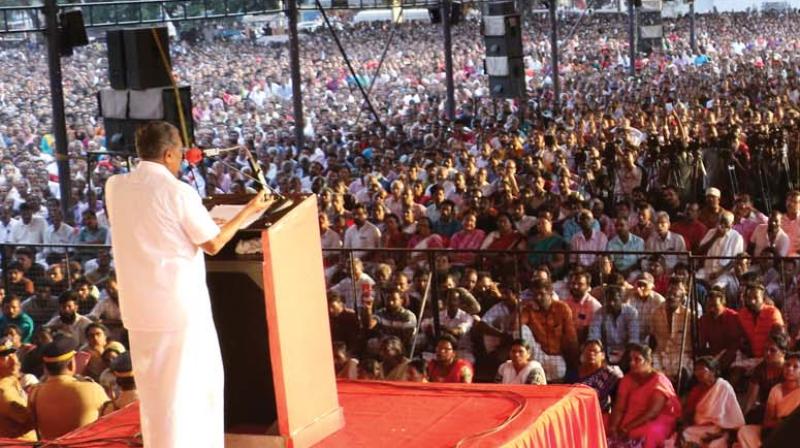 Chief Minister Pinarayi Vijayan during the LDF explanatory meeting in Thrissur on Thursday.