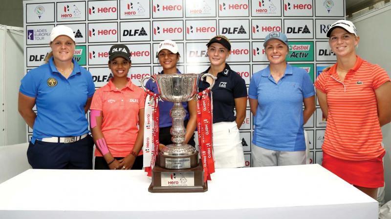 Caroline Hedwall (from left), Vani Kapoor, Tvesa Malik, Julia Engstrom, Sarah Kemp and Camille Chevalier with the Hero Womens Indian Open trophy in Gurgaon on Tuesday.