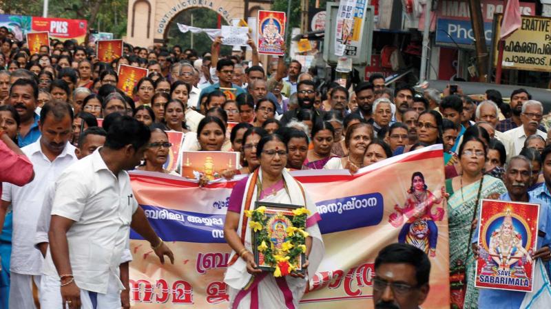 The nama japa yatra held by NSS seeking to uphold the tradition of Sabarimala at Palakkad on Tuesday.	     Image: DC