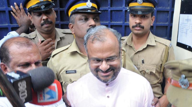 Bishop Franco Mulakkal coming out of the Pala sub-jail