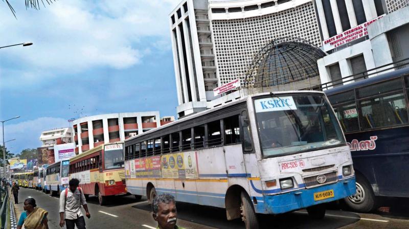 KSRTC buses that stopped plying are parked in front of the KSRTC terminal in Thampanoor following the strike by the KSRTC staff protesting against the outsourcing of booking counters to Kudumbasree on Tuesday in Thiruvananthapuram. 	 Peethambaran Payyeri