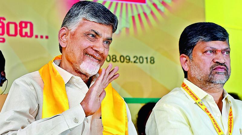 Andhra Pradesh Chief Minister and Telugu Desam national president N. Chandrababu and Telangana TD president L. Ramana attend a meeting held at NTR Bhavan in Hyderabad on Saturday. (Photo: S. Surendra Reddy)