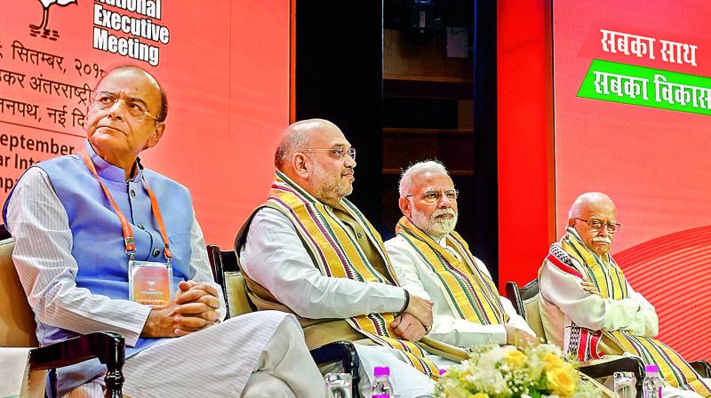 Prime Minister Narendra Modi, BJP president Amit Shah, finance minister Arun Jaitley and BJP senior leader L.K. Advani during BJP meet on Saturday. (Photo: PTI )