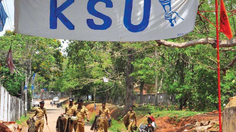 Police puts up a picket before Law Academy Law College in Thiruvananthapuram.