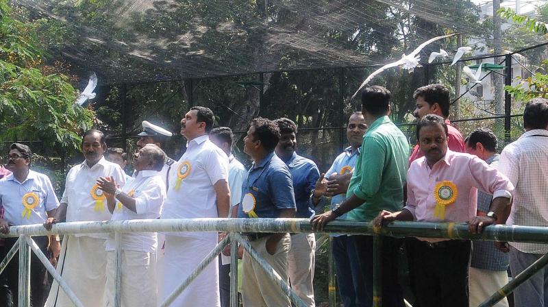 Minister of forests K. Raju and K. Muraleedharan, MLA during the inauguration of new aquatic aviary and other enclosures in Thiruvananthapuram zoo on Friday. (Photo: A.V. MUZAFAR)