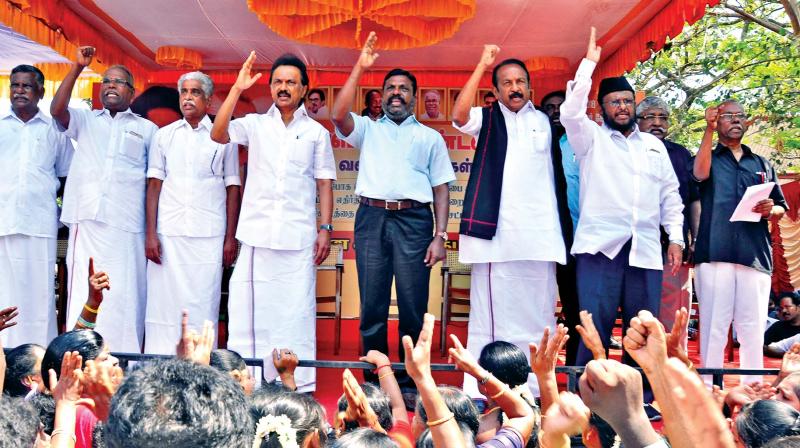 Opposition party leaders stage protest condemning the dilution of SC/ST Act in Chennai on Monday. (Photo: DC)