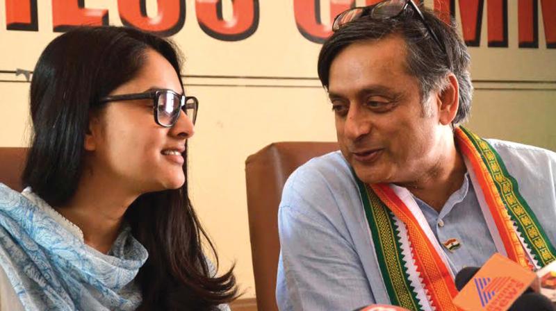 Actress and AICCs social media spokesperson Divya Spandana and Shashi Tharoor MP at a press meet in Thiruvananthapuram on Tuesday.	 (Photo:DC)