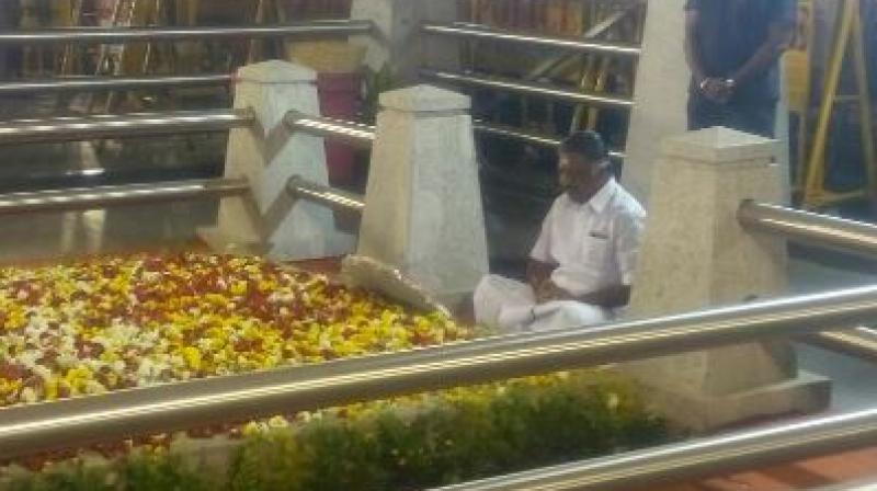 Panneerselvam arrived at the site around 9 PM and placed a wreath before sitting in meditation. (Photo: Twitter)