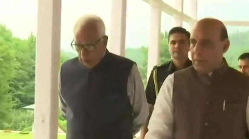 Rajnath Singh held one-on-one meeting with Governor, NN Vohra, to discuss various important issues relating to  security management, implementation of development programmes and positive engagement of the youth in the state. (Photo: ANI | Twitter)